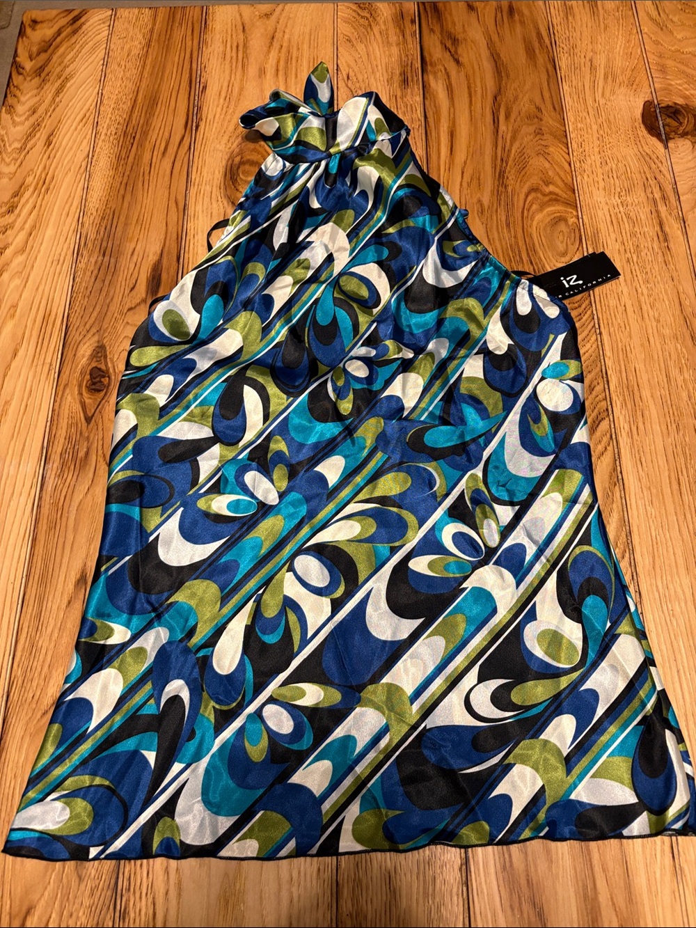 Iz Byer Printed Ruffled Neck Sleeveless Top in Blue, Teal, Olive & White NWT